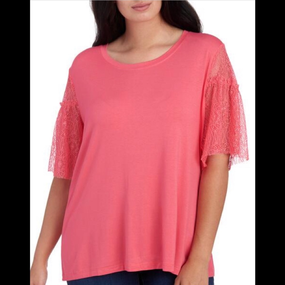 Women's Plus Size Solid Coral Lace Sleeve Top